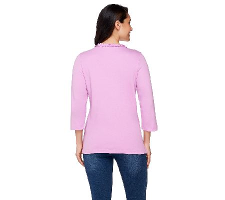 Quacker Factory Petal Party Ruffle V-neck 3/4 Sleeve T-shirt