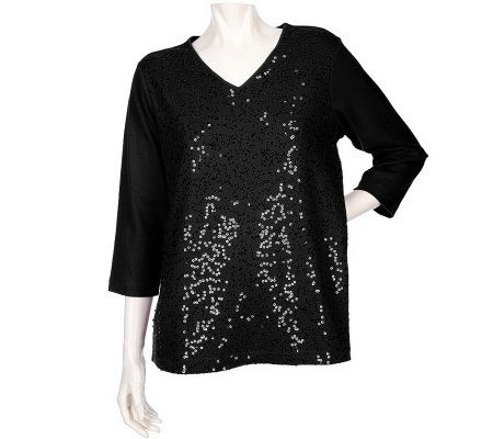 Quacker Factory 3/4 Sleeve Sequin Swirl V-neck T-shirt - A202339