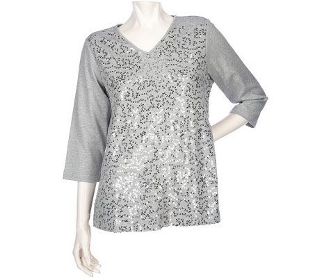 Quacker Factory 3/4 Sleeve Sequin Swirl V-neck T-shirt - A202339