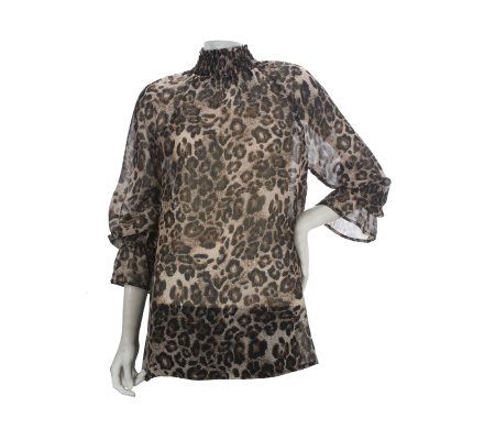 George Simonton Animal Print Smocked Turtleneck Blouse - A218439
