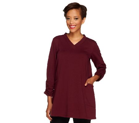 Susan Graver French Terry V-neck Tunic w/ Ruched Sleeves & Side Pockets - A219139
