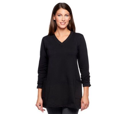 Susan Graver French Terry V-neck Tunic w/ Ruched Sleeves & Side Pockets - A219139