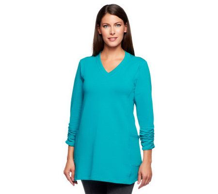Susan Graver French Terry V-neck Tunic w/ Ruched Sleeves & Side Pockets - A219139