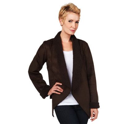 Denim & Co. Faux Suede Cascade Front Jacket w/Sherpa Lining - A230139