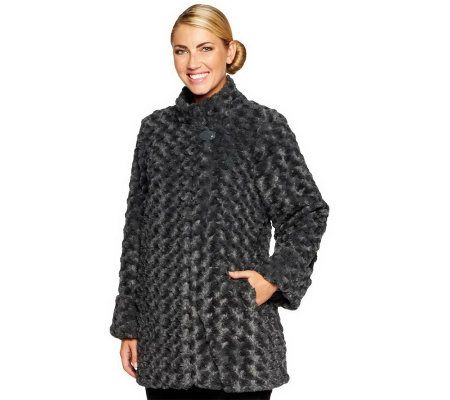 Dennis Basso Textured Rosette Faux Fur A-line Coat - A86539