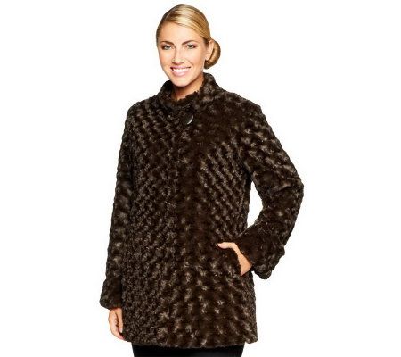 Dennis Basso Textured Rosette Faux Fur A-line Coat - A86539