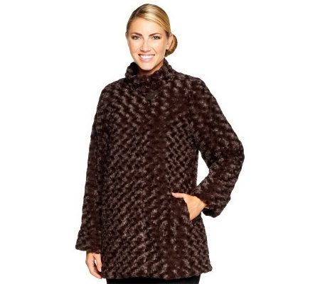 Dennis Basso Textured Rosette Faux Fur A-line Coat - A86539