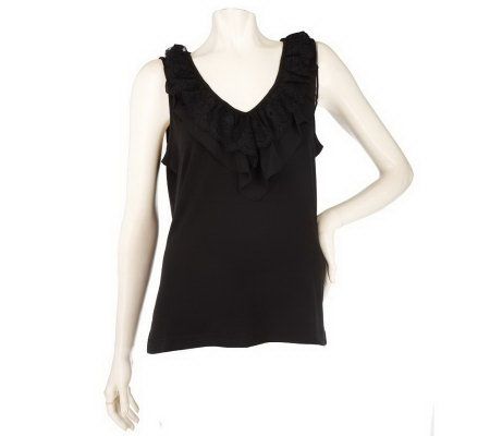 Susan Graver Liquid Knit Sleeveless Top with Lace Ruffled Neck - A94239
