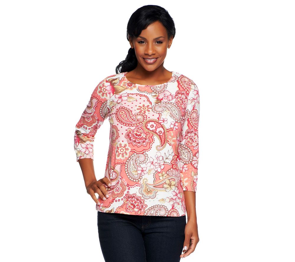Denim & Co. 3/4 Sleeve Paisley Floral Print T-shirt - A96639