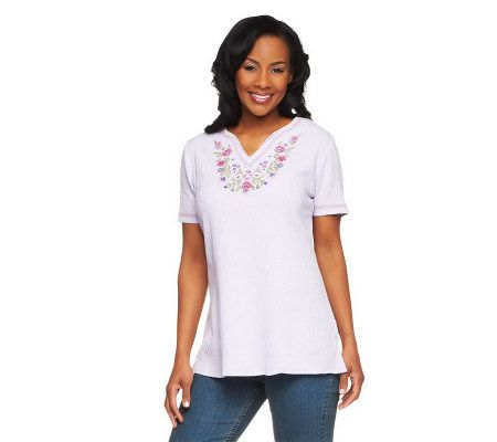Denim & Co. Short Sleeve Embroidered Gauze Peasant Top - A200740