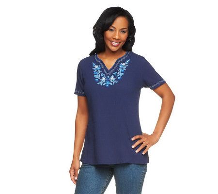 Denim & Co. Short Sleeve Embroidered Gauze Peasant Top - A200740