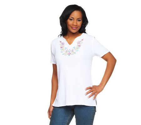 Denim & Co. Short Sleeve Embroidered Gauze Peasant Top - A200740