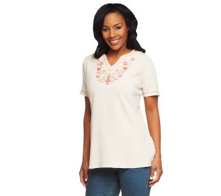 Denim & Co. Short Sleeve Embroidered Gauze Peasant Top - A200740