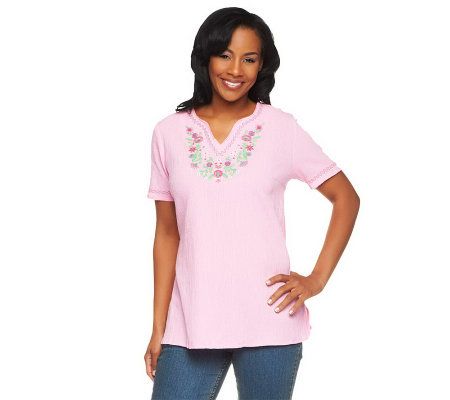 Denim & Co. Short Sleeve Embroidered Gauze Peasant Top - A200740