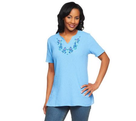 Denim & Co. Short Sleeve Embroidered Gauze Peasant Top - A200740