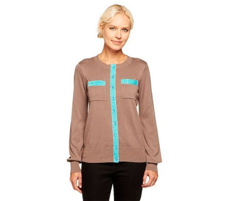 Linea by Louis DellOlio Crew Neck Cardigan with Velvet Trim - A228340