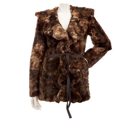 Dennis Basso Tie-Dye Faux Fur Ruffle Collar Coat w/ Belt - A229740
