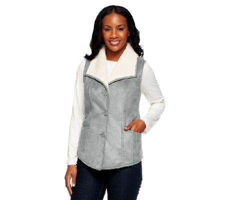 Denim & Co. Faux Suede Vest with Wide Collar & Sherpa Lining - A230140