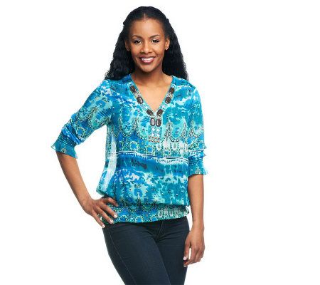 M by Marc Bouwer Printed Blouse with Beaded Neckline - A199341