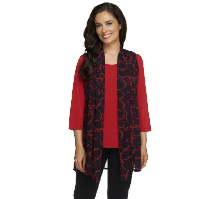 Susan Graver Printed Chiffon Vest and Liquid Knit 3/4 Sleeve Top - A216241
