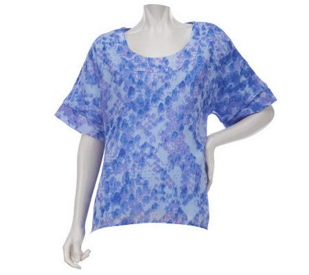 LOGO by Lori Goldstein Short Sleeve Printed Top w/Hi-Low Hem - A223741