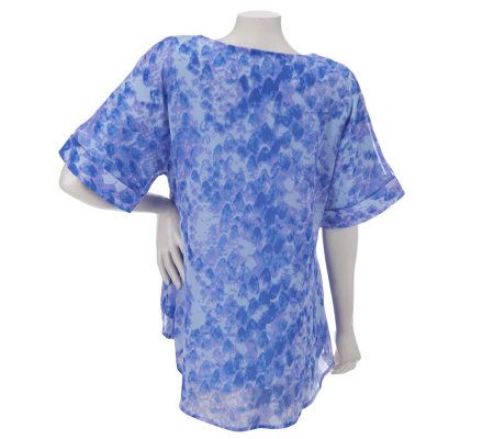 LOGO by Lori Goldstein Short Sleeve Printed Top w/Hi-Low Hem