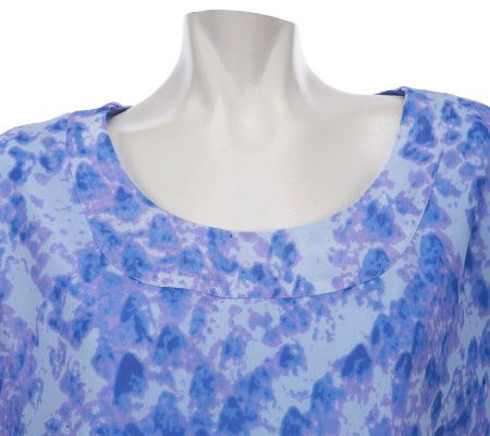 LOGO by Lori Goldstein Short Sleeve Printed Top w/Hi-Low Hem