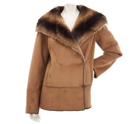 Dennis Basso Faux Suede Coat with Faux Chinchilla Fur Trim - A229741