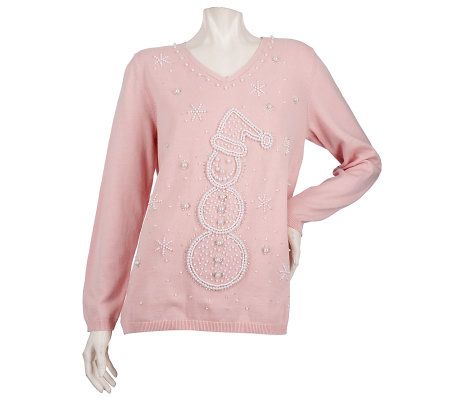 Quacker Factory Pearl Motif Holiday V-neck Sweater - A84741