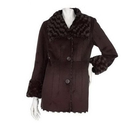 Dennis Basso Faux Suede and Rosette Faux Fur Seamed Coat - A91541