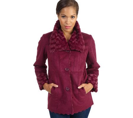 Dennis Basso Faux Suede and Rosette Faux Fur Seamed Coat