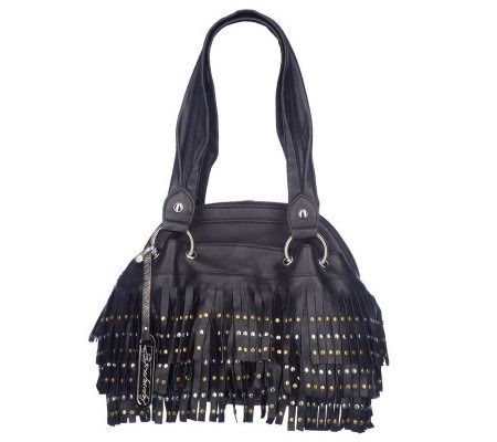 B.Makowsky Glove Leather Zip Top Medium Satchel with Fringe Detail - A210142