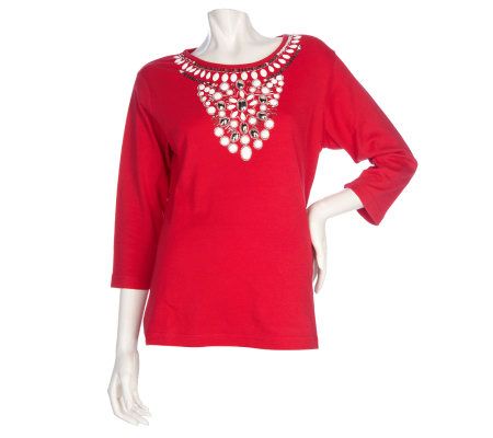 Quacker Factory 3/4 Sleeve Winter White Beaded T-shirt - A211342