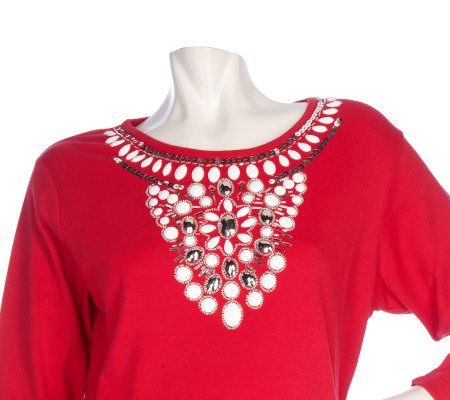 Quacker Factory 3/4 Sleeve Winter White Beaded T-shirt