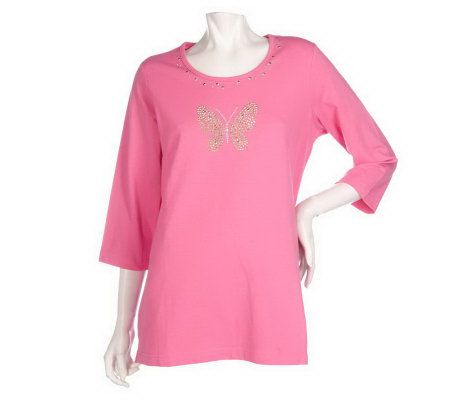 Quacker Factory Sparkle and Shine Motif 3/4 Sleeve T-shirt - A213442