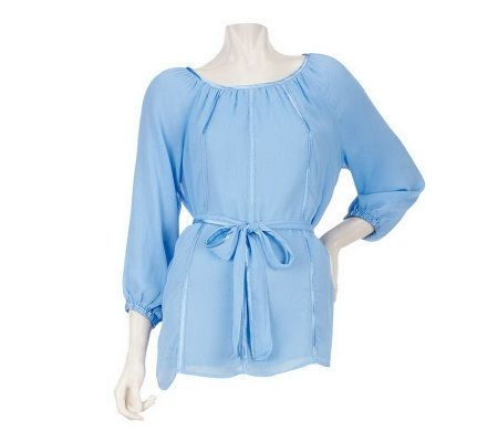Linea by Louis DellOlio Scoop Neck Blouse with Satin Trim - A222542