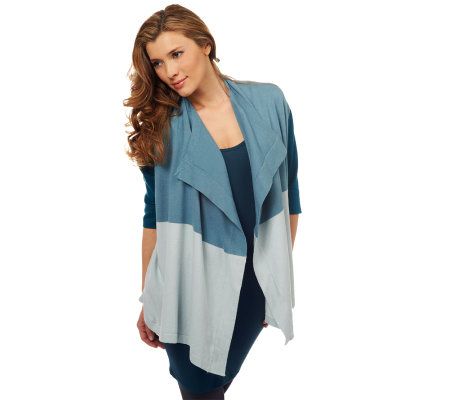 LOGO by Lori Goldstein Colorblock Drape Front Cardigan - A223042