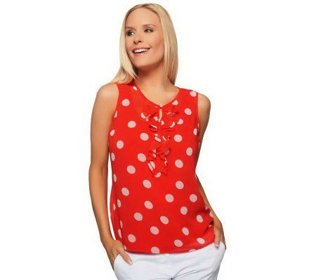 Susan Graver Polka Dot Sleeveless Chiffon Blouse with Ruffle - A224542