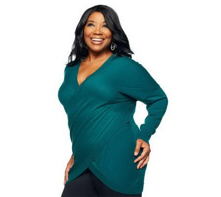 Jennifer Hudson Collection Dolman Sleeve Wrap Sweater w/Rib Trim - A228642