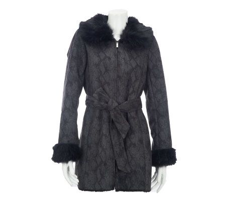 Dennis Basso Python Print Faux Suede Coat with Faux Fur Trim - A229742