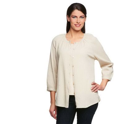 Denim & Co. 3/4 Sleeve Gauze Peasant Shirt with Knit Tank - A214343