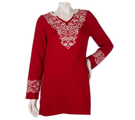 Susan Graver Split Neck Sweater Tunic with Neck & Cuff Detail - A220243