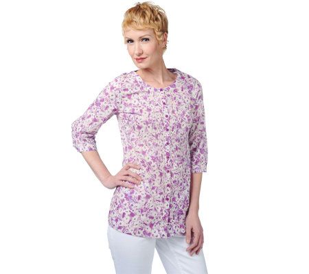 Liz Claiborne New York Printed Button Down Tunic with Pintucks - A220943