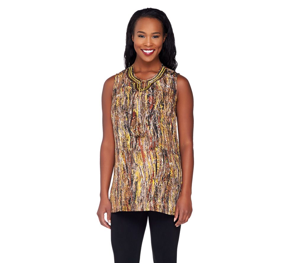 Susan Graver Printed Woven Sleeveless Tunic with Beaded Neckline
