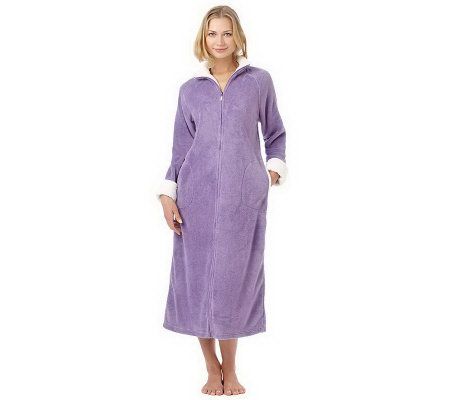 Stan Herman Plush Zip Front Robe with Textured Trim - A228543