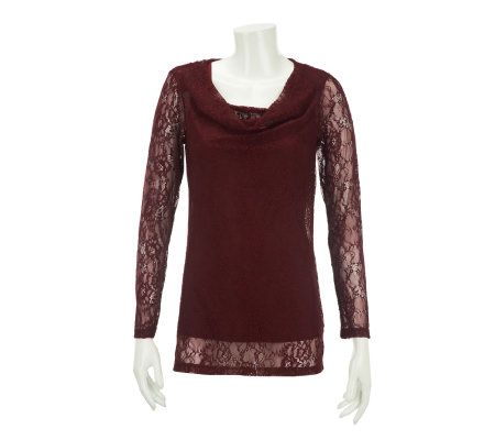 Dennis Basso Cowl Neck Allover Stretch Lace Tunic with Cami - A228743