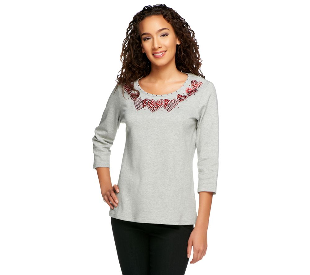 Quacker Factory Pave Heart 3/4 Sleeve T-shirt - A230543