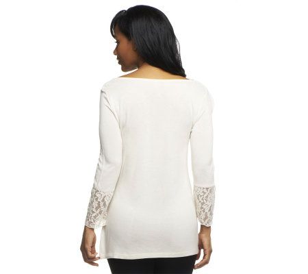 Edge by Jen Rade Drape Neck Knit Top w/Lace Sleeve Detail