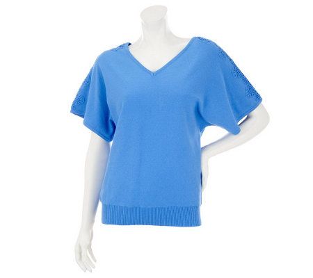 Denim & Co. V-neck Short Sleeve Sweater with Lace Applique - A232643