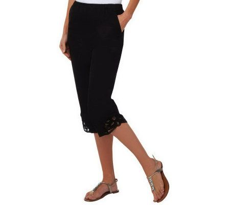 As Is Denim & Co. Pull-On Stretch Twill Capri with Battenburg Lace - A235743
